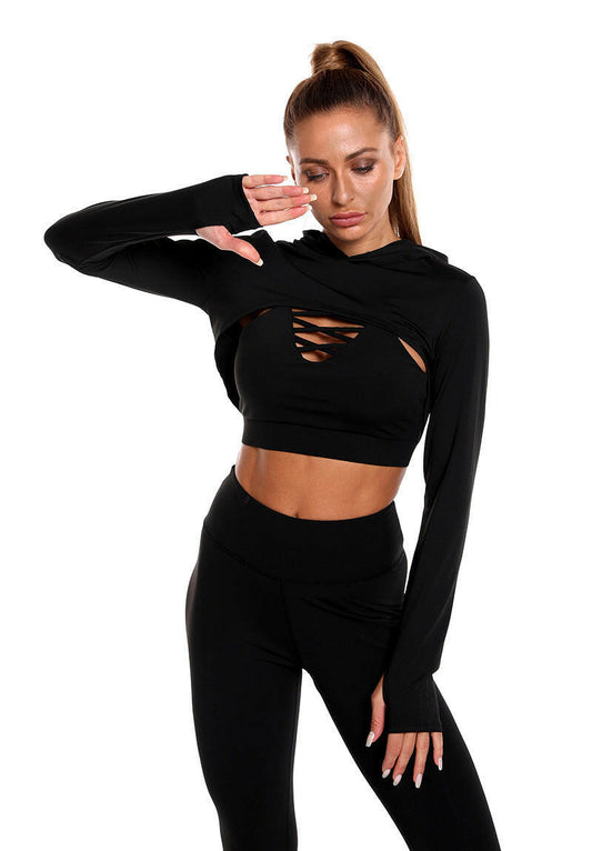 3pcs Sports Suits Long Sleeve Hooded Top Hollow Design Camisole And Butt Lifting High Waist Seamless Fitness Leggings Sports Gym Outfits Clothing.