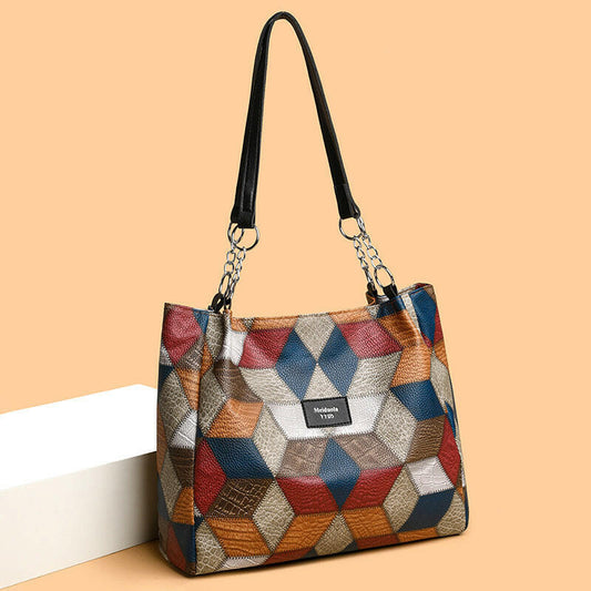 Retro Geometric Pattern Color-matching Shoulder Bag Fashion Large Capacity Stitching Handbag For Women Totes.