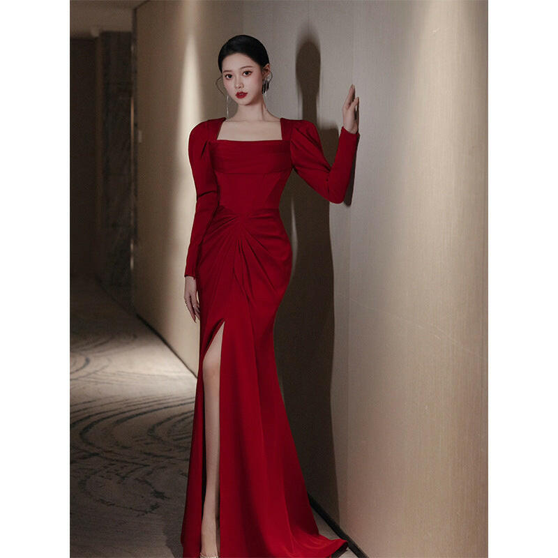 Bride Fishtail Square Collar Long Sleeve Design Simple Satin Evening Dress.