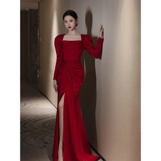 Bride Fishtail Square Collar Long Sleeve Design Simple Satin Evening Dress.