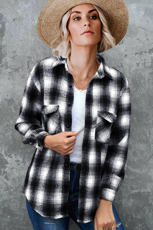 Plaid Shirt Women Spring Mid-length Loose Blouse Turndown Collar Shirt Clothing.