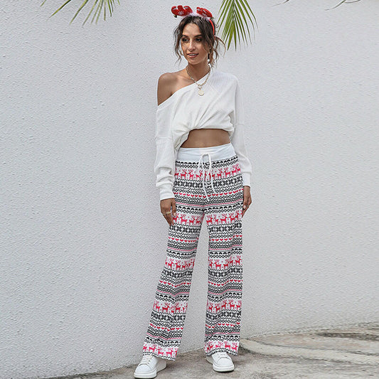 Christmas Print Pants Women Fashion Casual Drawstring Trousers With Christmas Snowflake Tree Elk Print.