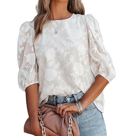Women's Puff Sleeve Chiffon Loose Top Flower Texture Shirt.