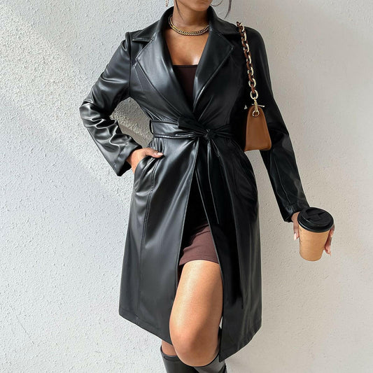Long Sleeve Lapel PU Leather Jacket With Pockets Slim Fit Long Trench Coat Women's Clothing.