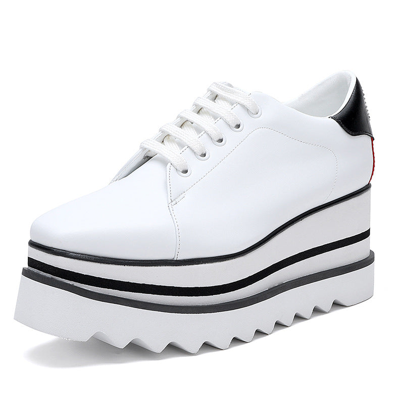 British Style Thick Platform Square Toe Wedge Heel Waterproof Platform Striped Platform Sole Tied Women's Single Shoes