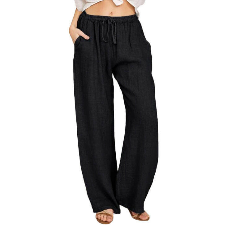 Soft Casual Drawstring Tie Trousers Summer Elastic Waist Loose Jogger Pants With Pockets.