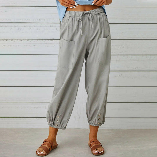Women Drawstring Tie Pants Spring Summer Cotton And Linen Trousers With Pockets Button.