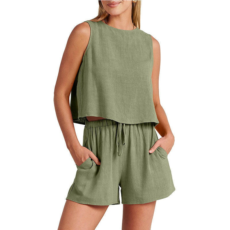 Women's Set Summer Sleeveless Tops And Drawstring Shorts Fashion Suit 2pcs.