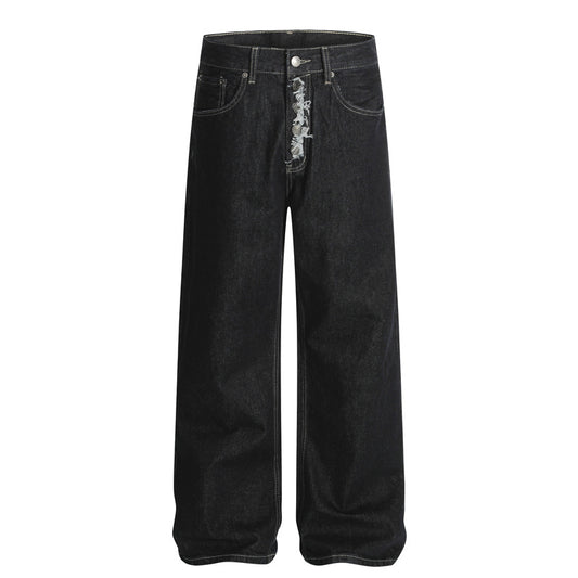 Street Style Original Denim Color Distressed Snap Button Design Clean Fit Loose Straight Leg Long Pants