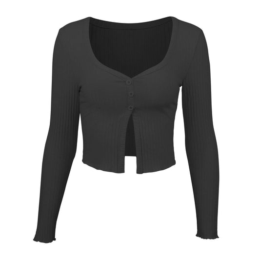 Long Sleeved Crop Cardigan Top Sexy Button Knit T-shirt.