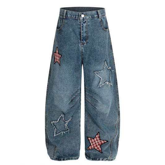 Star sticker washed cat whisker curved knife jeans