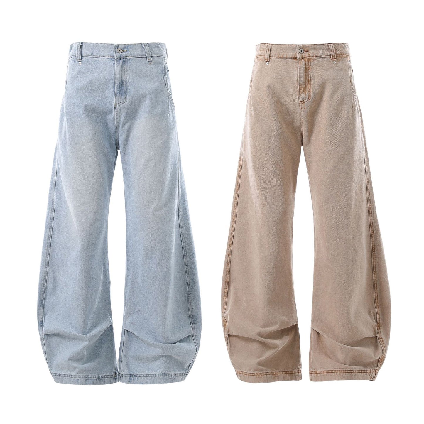 Washed Retro Blue Simple Design Loose Tapered Jeans