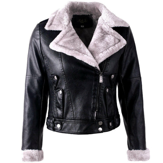 Large Lapel Long Sleeves Plus Velvet Thick Leather Jacket Women.