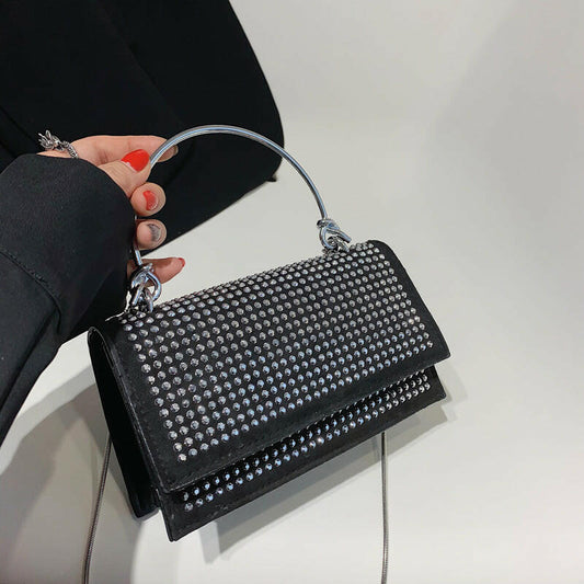 Chain Crossbody Bag Women Handbag Glitter Crystals Plain Daily Silver Black Shoulder Bag.