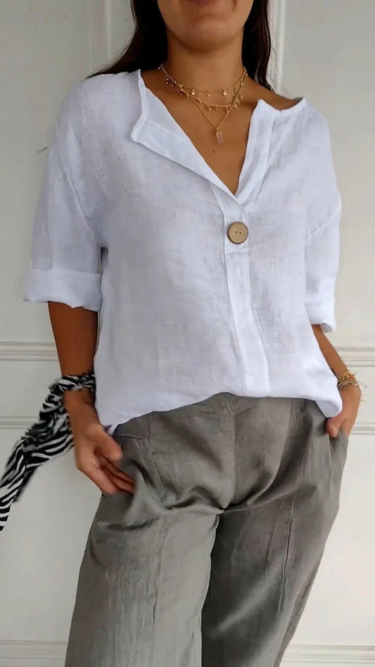 V-neck Long-sleeved T-shirt Fashion Loose Cotton And Linen Button Tops For Women.