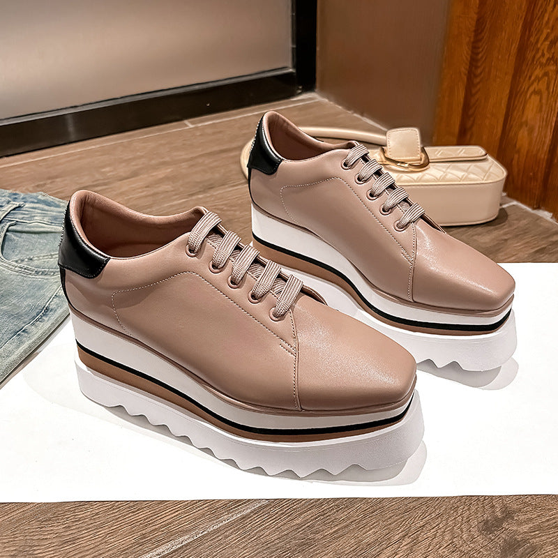 British Style Thick Platform Square Toe Wedge Heel Waterproof Platform Striped Platform Sole Tied Women's Single Shoes