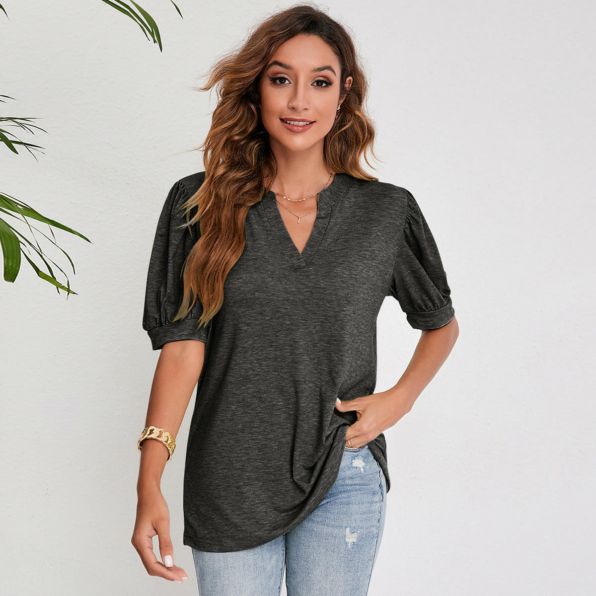 Women's Pleated Puff Sleeve Tops Summer V Neck T Shirts Casual Loose Blouses.