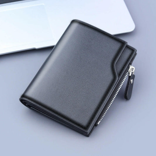Black men's three fold wallet with multiple card slots and zipper pocket made of PU material