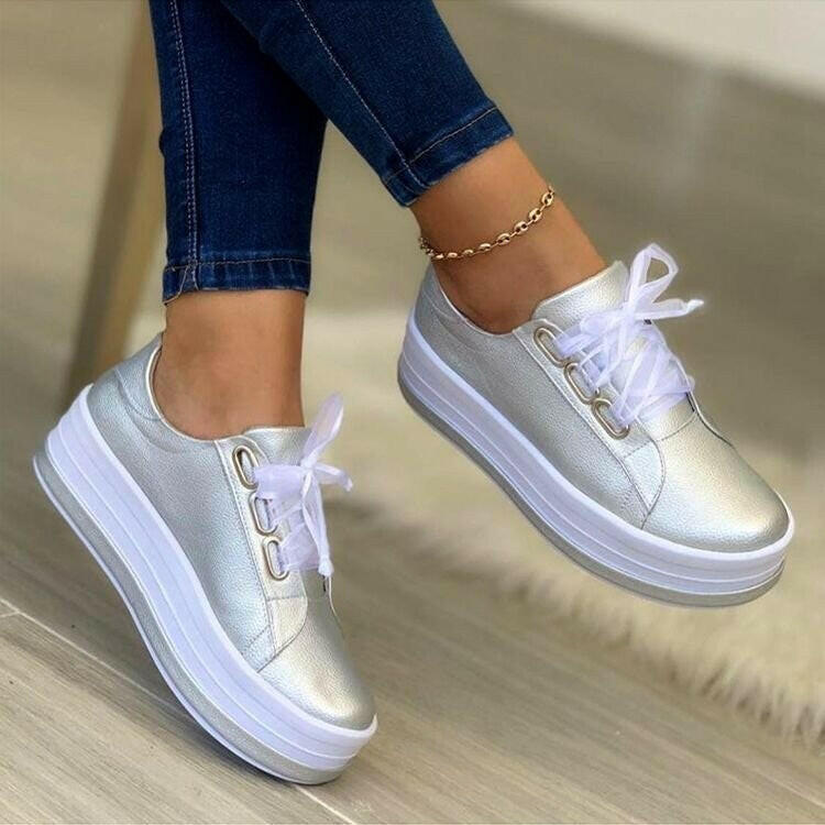 Fashion Flats Sneakers Women Ribbon Lace-up Platform Shoes.