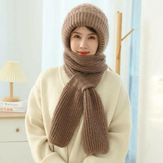 Women's Fleece-lined Scarf And Hat Winter Warm Knitted Hat Scarf.