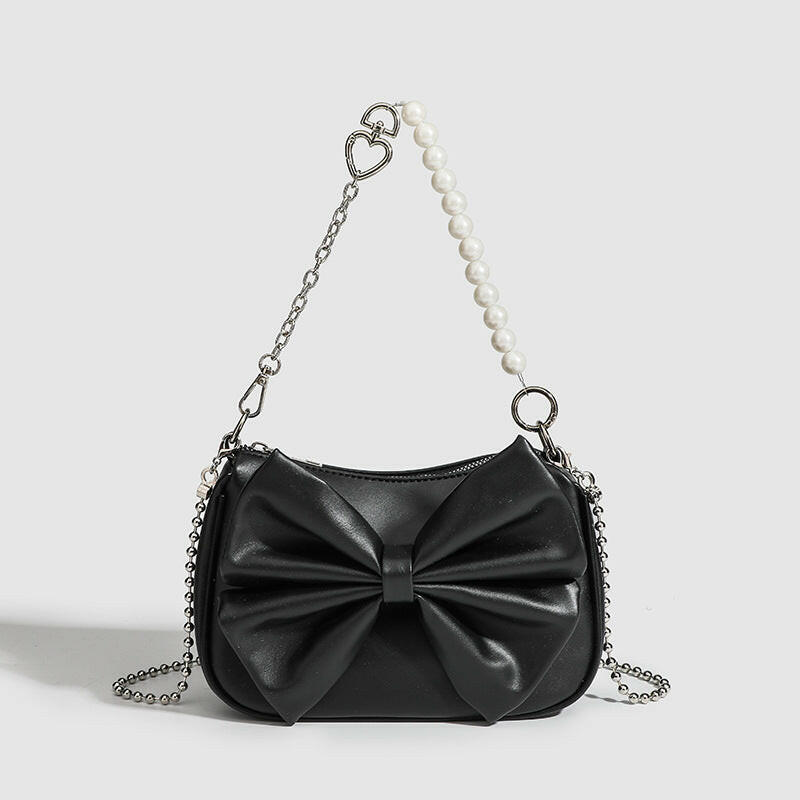 Black White PU Bow Handbags Autumn Winter Ladies Underarm Tote Bags Fashion Simple Pearl Chain Shoulder Bag Small Purse.