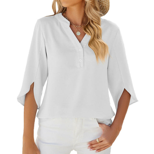 Button V-neck Mid-sleeve Chiffon Shirt Solid Color Top Womens Clothing.