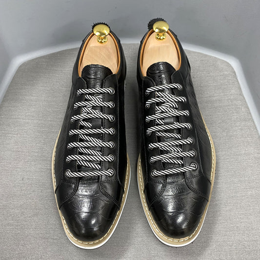 European Style Men's Casual Shoes Real Cow Leather Green Black Fashion Designer Luxury Crocodile Print Street Flat Shoes for Men