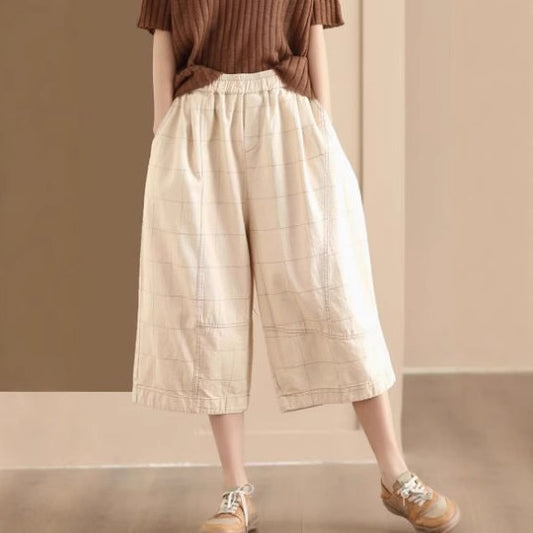 Vintage Washed Denim Wide-Leg Pants with Diamond Patchwork Seven-Quarter Length Loose and Slimming Skirt Trousers Casual Pants