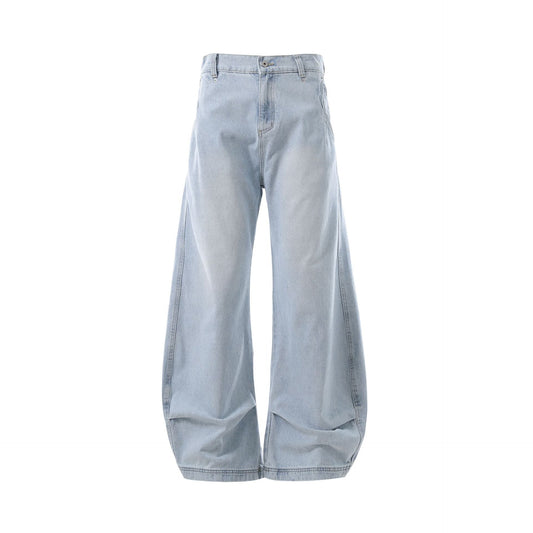 Washed Retro Blue Simple Design Loose Tapered Jeans