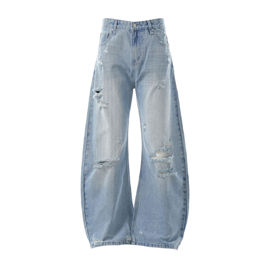 Washed Blue Premium Distressed Design Loose Tapered Jeans for Men
