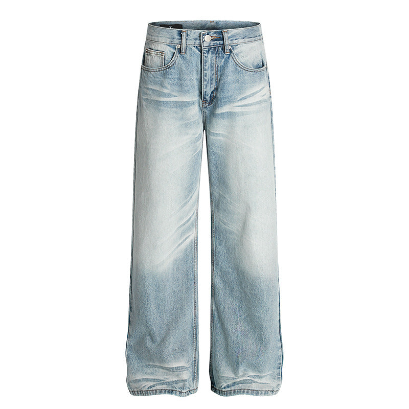 Used washed scratched and ground white straight leg jeans