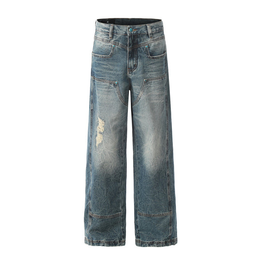 Street Trendy Distressed Denim Pants for Men Loose Straight Design Washed Floor-Length Wide-Leg Trousers