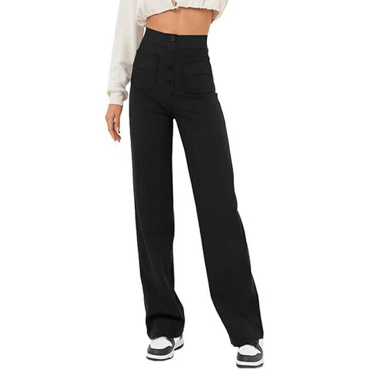 High Waist Trousers With Pockets Casual Loose Wide Leg Button Straight Pants Women's Clothing.