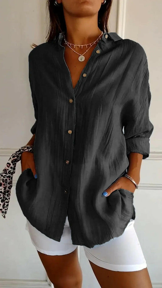 Lapel Long Sleeve Shirt Women's Single-breasted Pleated Shirt.