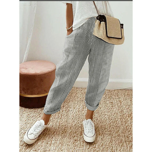 Women's Striped Print Trousers Summer Fashion Casual Loose Pants.
