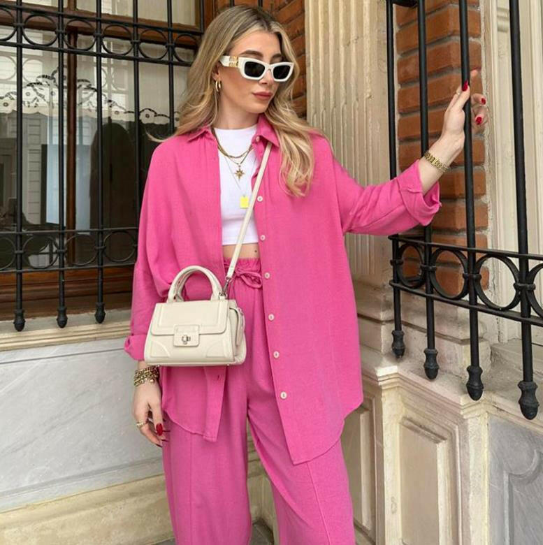 Womens Button Down Lounge Sets Long Sleeve Shirts And  2 Piece Outfit Set Casual Loungewear With Pockets.
