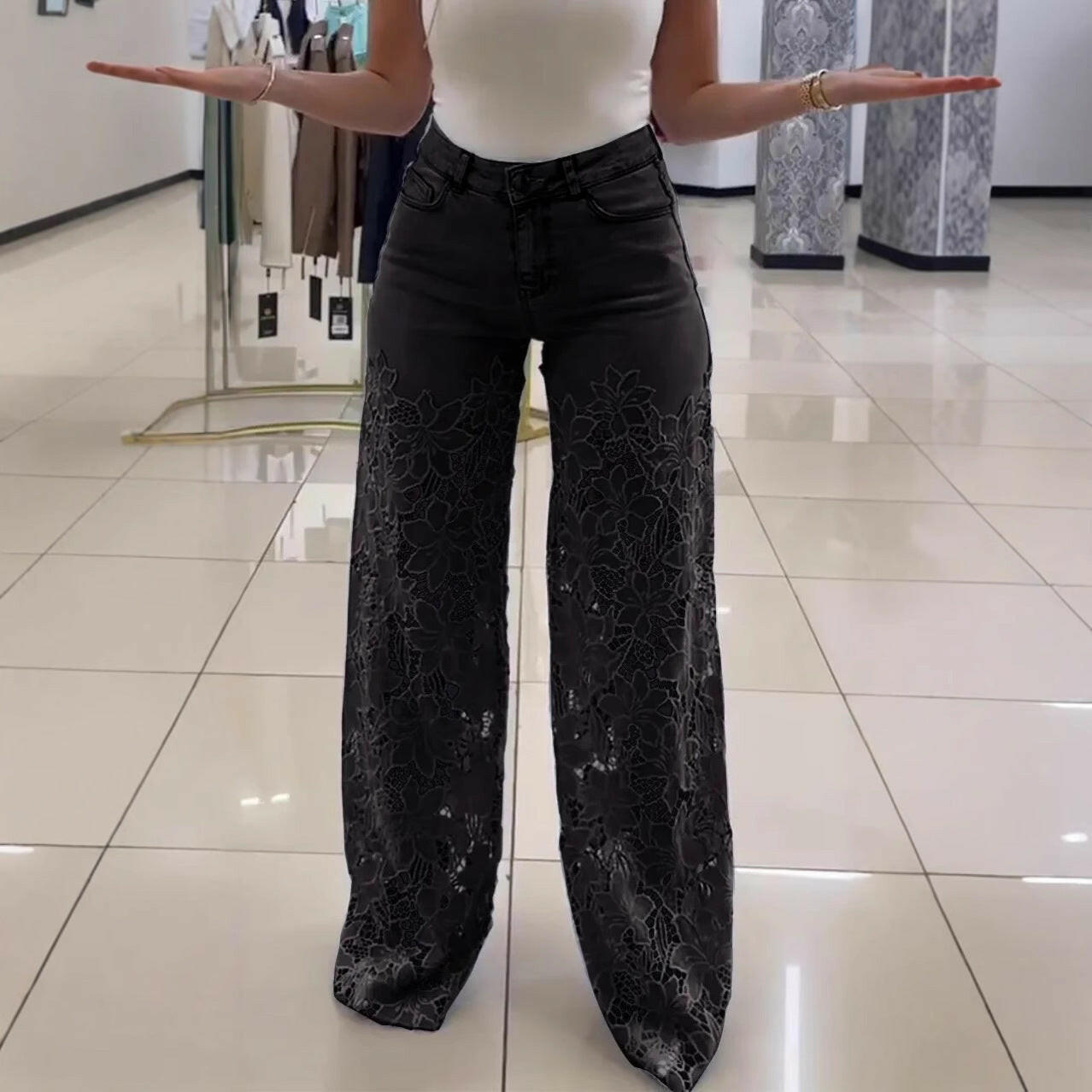 Y2K Lace Flowers Hollow Jeans Fashion High Waist Straight Wide Leg Pants Solid Color Trousers Women's Clothing.