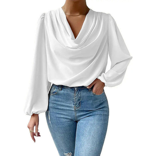 Chiffon Long-sleeved Shirt Loose V-neck Top T-shirt Women's Clothing.