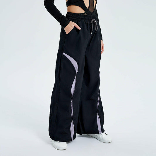 Sports Fashion High Waist Lace-up Color Contrast Breasted Loose Casual Woven Pants.