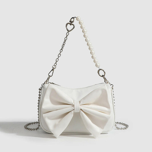 Black White PU Bow Handbags Autumn Winter Ladies Underarm Tote Bags Fashion Simple Pearl Chain Shoulder Bag Small Purse.