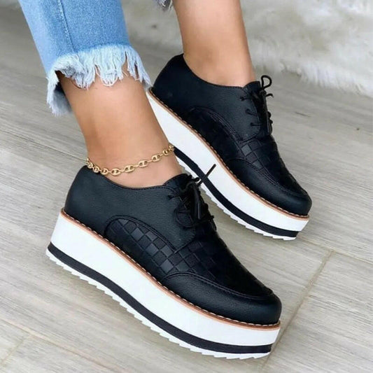 Lace-up Shoes Thick Bottom Checkerboard Design Flats Shoes Women.