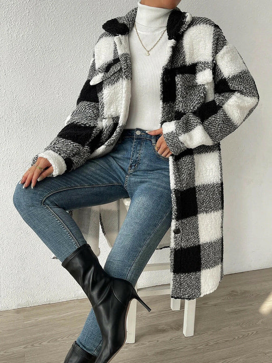 Button Lapel Plush Plaid Coat Loose.