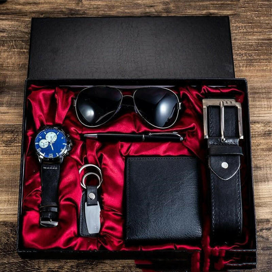 Men's Luxury Gift Box Sunglasses Belt Watch Wallet 6 Sets.