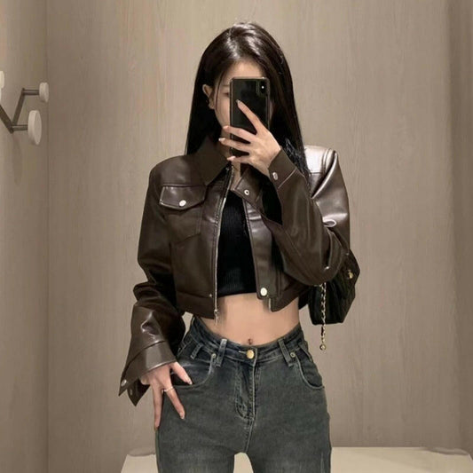 American Retro Sweet Cool Hot Girl Style Coffee Color Leather Coat Motorcycle Jacket Top.