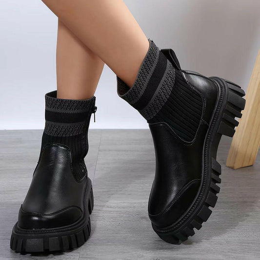 Fashion Mid-tube Boots With Zipper Design Non-slip Thick Sole Elastic Knitted Patchwork Boots For Women Round Toe Shoes Winter.