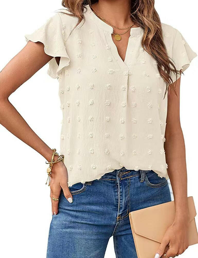 Women Summer V Neck Ruffle Short Sleeve Blouse Dot Flowy Shirt Top.