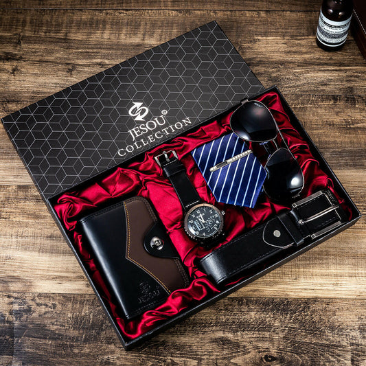 Men's gift suit set with wallet, wristwatch, belt, tie, and sunglasses in black and brown colors in an elegant black box with red satin lining