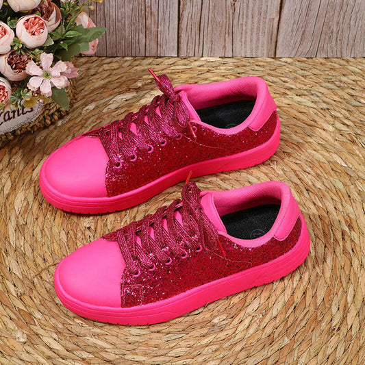 Glitter Sequin Design Flats Shoes Women Trendy Casual Thick-soled Lace-up Sneakers Fashion Skateboard Shoes.