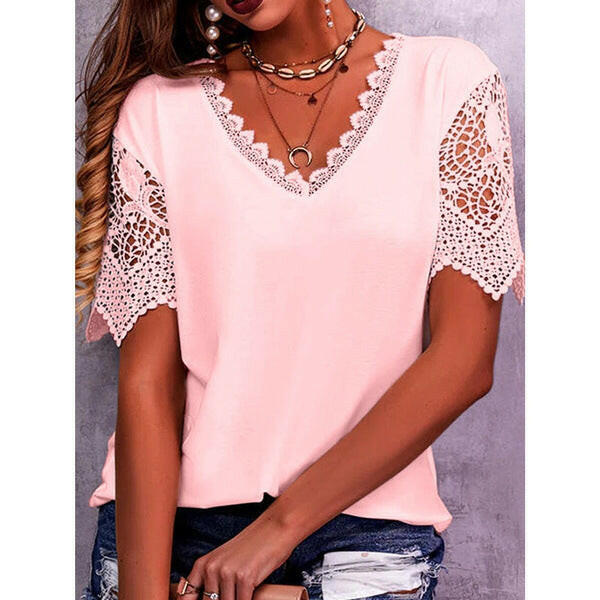Lace Tops Women Summer Loose V Neck Short Sleeve Casual Shirts.