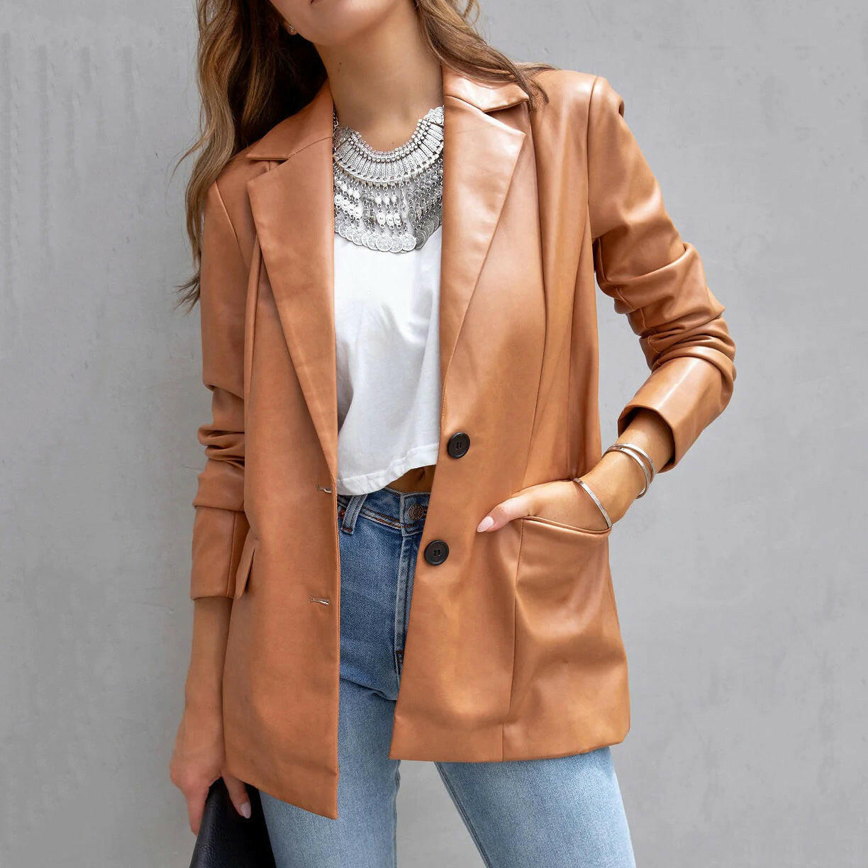 Long Sleeve Button Pu Cardigan Coat For Women.